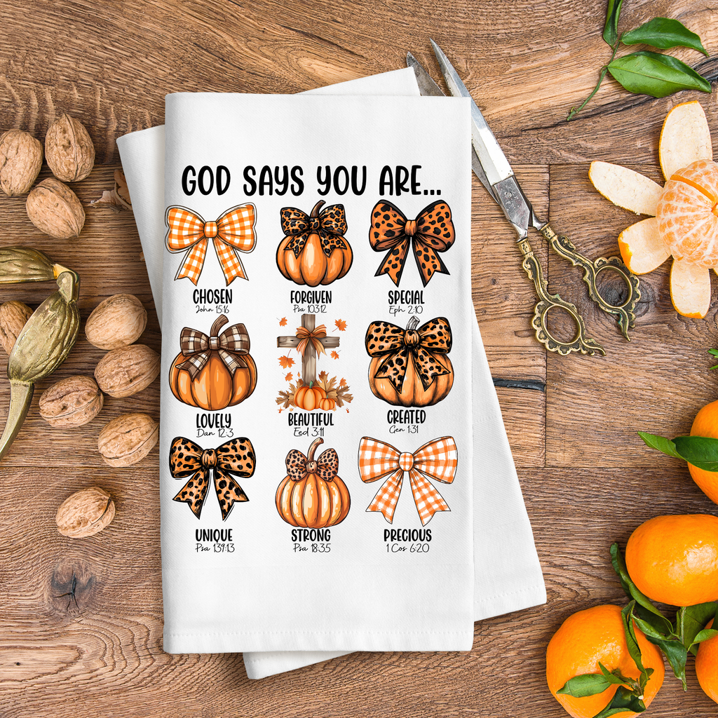 God Says You Are… Pumpkin Kitchen Towel Set (2-Pack) – Inspirational Fall Decor & Christian Gift
