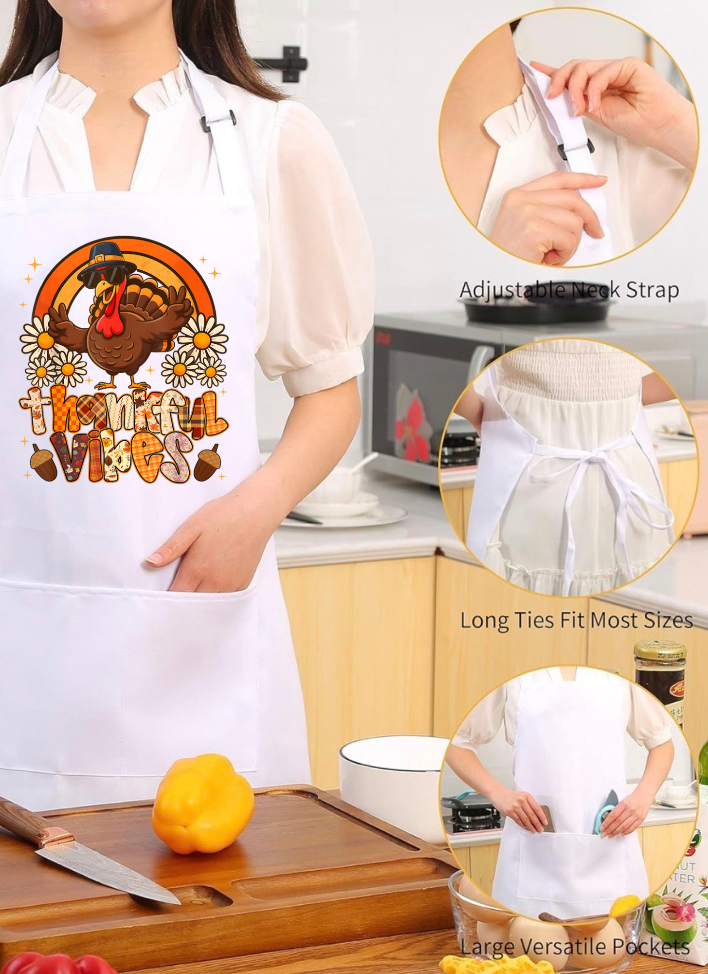 “Thankful Vibes” Adjustable Kitchen Apron – Fall & Thanksgiving Edition