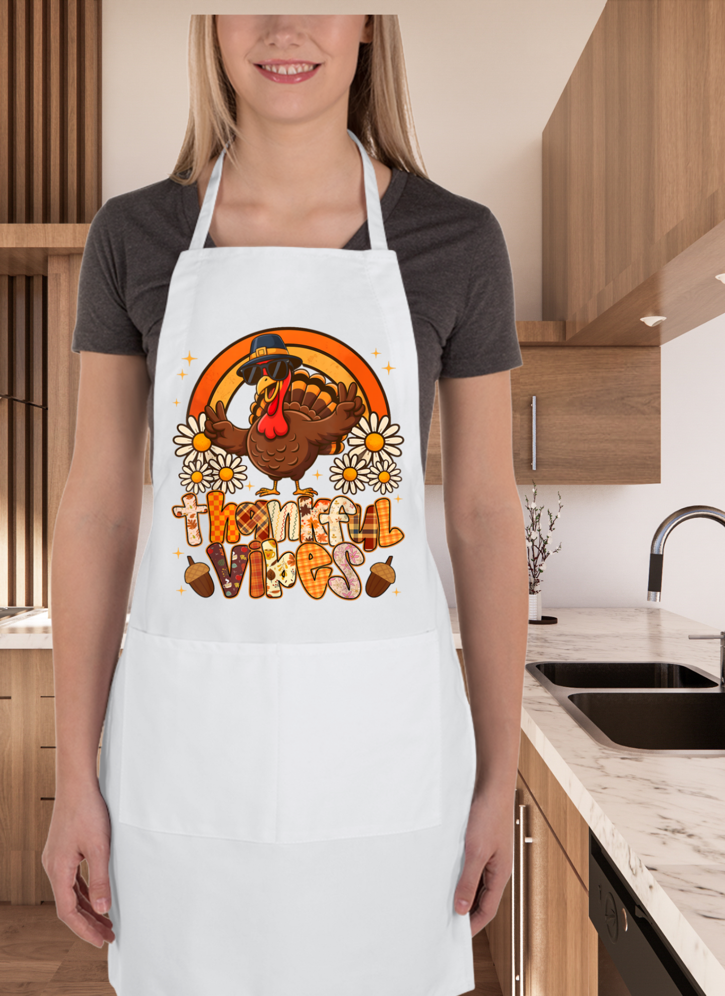 “Thankful Vibes” Adjustable Kitchen Apron – Fall & Thanksgiving Edition