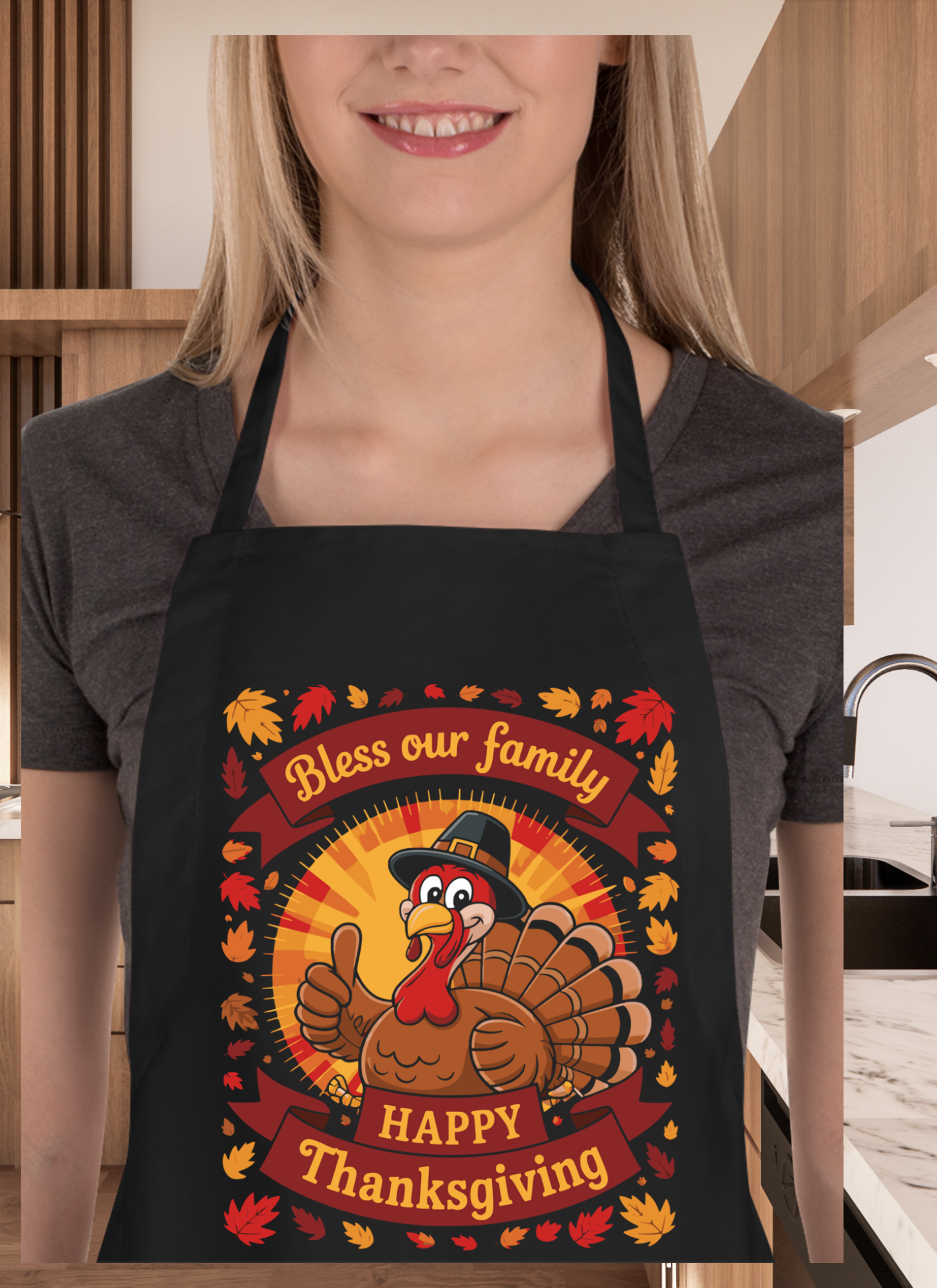 “Bless Our Family” Happy Thanksgiving Apron – Custom Fall Kitchen Gift