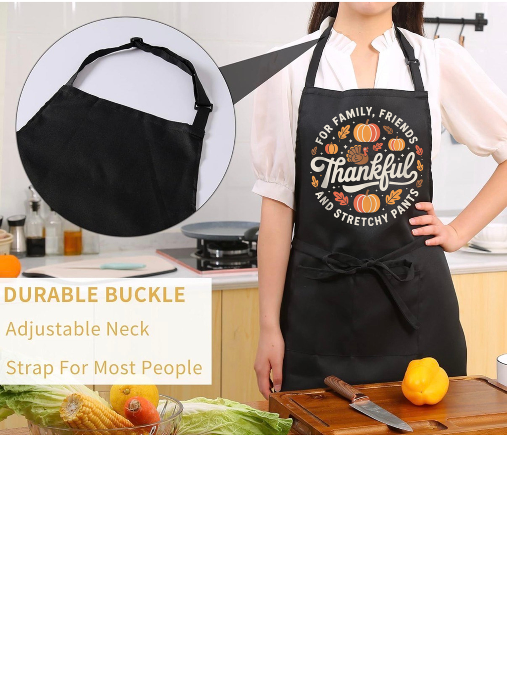 Thankful for Family, Friends & Stretchy Pants Apron – Fall Thanksgiving Kitchen Gift