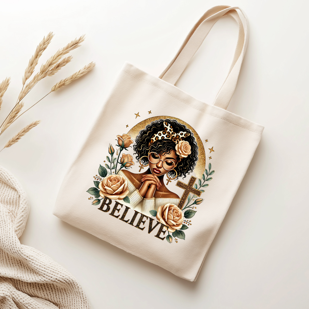 “Believe” Praying Woman Tote Bag