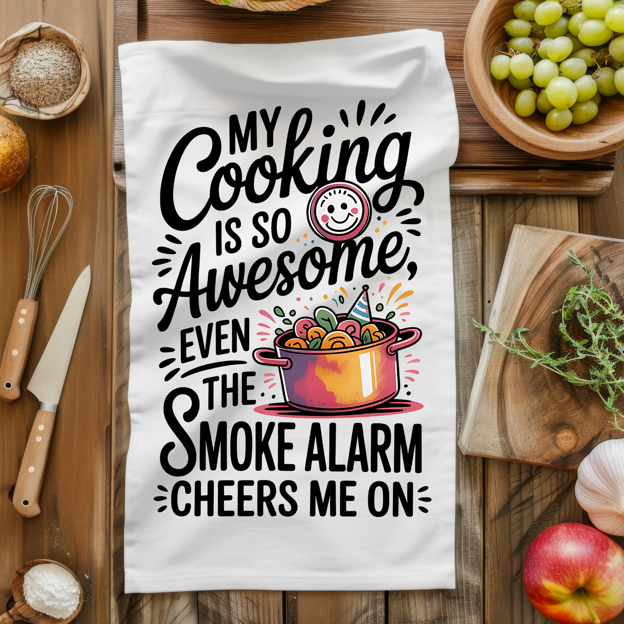 Funny Kitchen Towel Set (2-Pack) – “My Cooking Is So Awesome, Even the Smoke Detectors Cheer Me On”