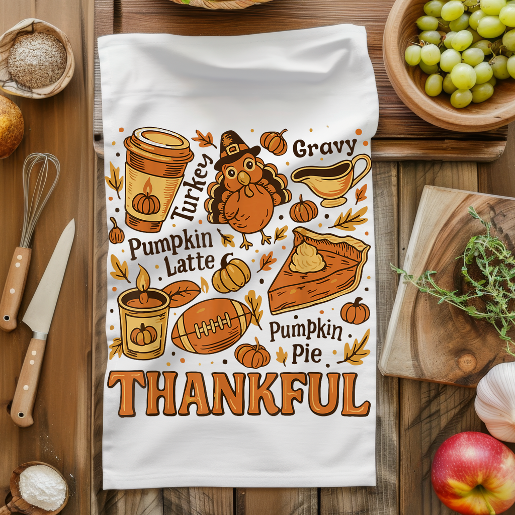 Thankful Kitchen Towel Set (2-Pack) – Fall & Thanksgiving Decor with Pumpkin Pie, Turkey, and Football Designs